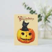 Kat in het Vintage-Halloween-Briefkaart Pumpkin Briefkaart (Staand voorkant)