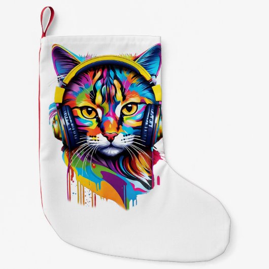 Kat in hoofdtelefoon kleine kerstsok (Voorkant)