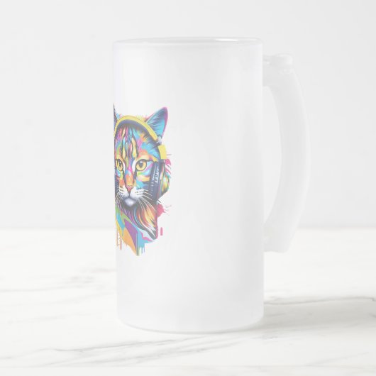 Kat in hoofdtelefoon matglas bierpul (Voorkant rechts)