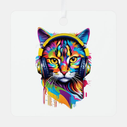 Kat in hoofdtelefoon metalen ornament (Voorkant)