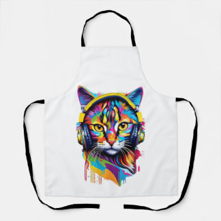 Kat in hoofdtelefoon schort