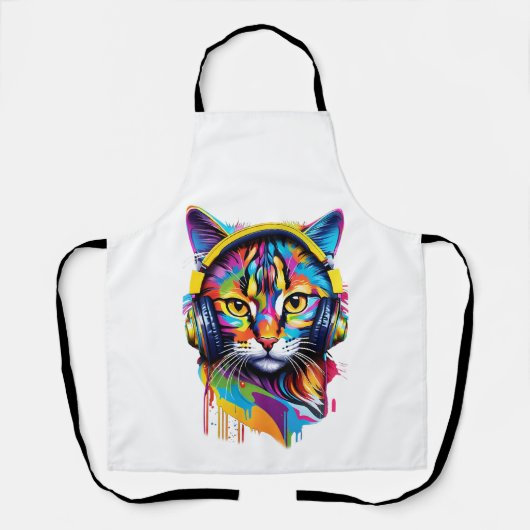 Kat in hoofdtelefoon schort (Voorkant)