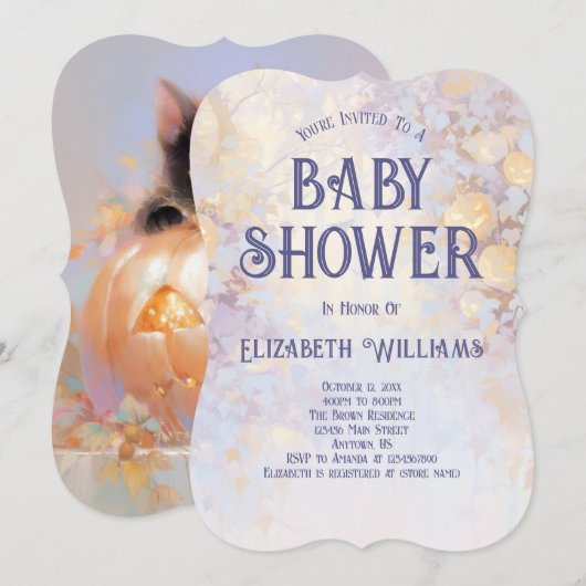 Kat in Jackolantern Halloween Baby shower Kaart (Voorkant / Achterkant)