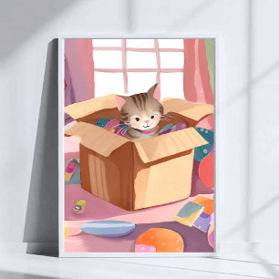 Kat in Kartonnen Doos Kitten Watercolor Kat Kuns Poster