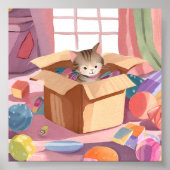 Kat in Kartonnen Doos | Kitten Watercolor Kat Poster (Voorkant)