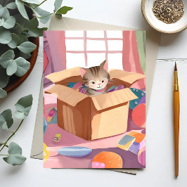 Kat in Kartonnen Doos | Kitten Waterverf Kat Briefkaart