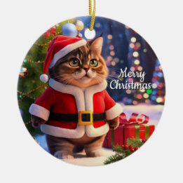 Kat in kerstmannenoutfit keramisch ornament