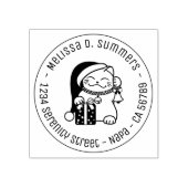 Kat in kerstmuts Rond adres Rubberstempel (Afrduk)