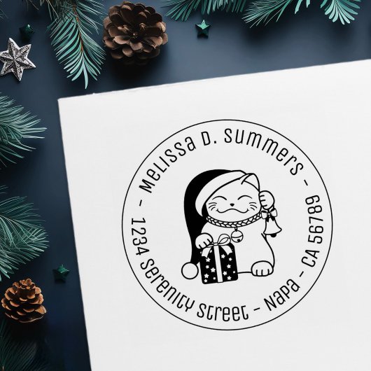 Kat in kerstmuts Rond Adres Zelfinktende Stempel