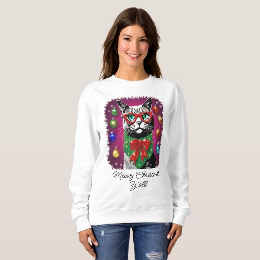 Kat in kerstverlichting, grappige meowy kerst trui (Voorkant volledig)