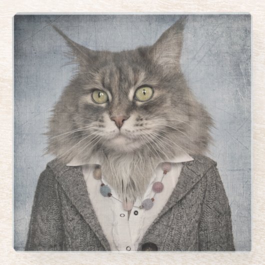 Kat in kleding glazen onderzetter (Voorkant)