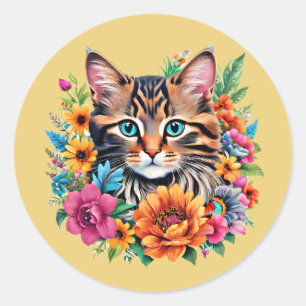 Kat in kleurrijke bloemenkrans ronde sticker