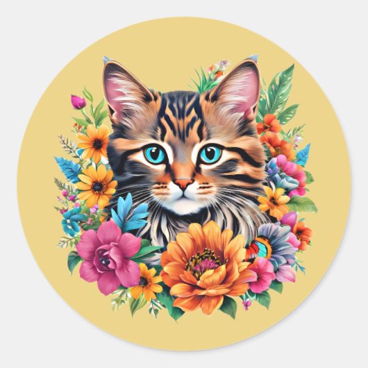 Kat in kleurrijke bloemenkrans ronde sticker (Voorkant)