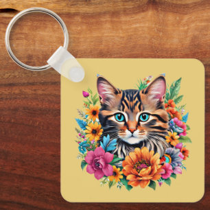 Kat in kleurrijke bloemenslingers sleutelhanger