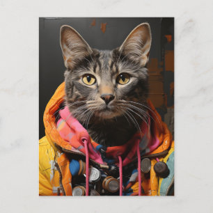 Kat in Kleurrijke Hoodie en Jas AI Art Briefkaart