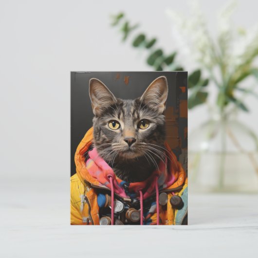 Kat in Kleurrijke Hoodie en Jas AI Art Briefkaart (Staand voorkant)