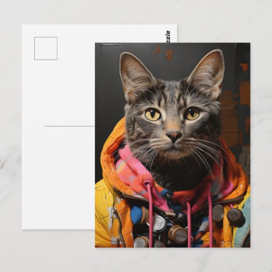 Kat in Kleurrijke Hoodie en Jas AI Art Briefkaart (Voorkant / Achterkant)