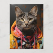 Kat in Kleurrijke Hoodie en Jas AI Art Briefkaart (Voorkant)