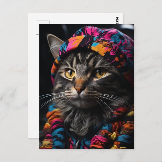 Kat in kleurrijke Retro kleding Briefkaart (Voorkant / Achterkant)