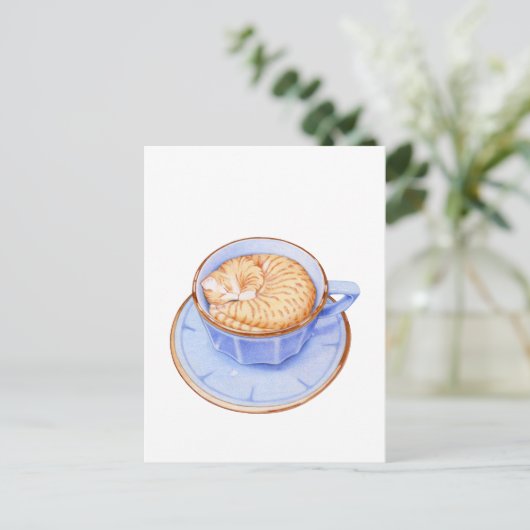 Kat in koffie briefkaart (Staand voorkant)