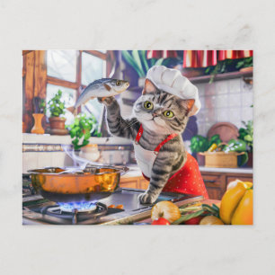 Kat in kookmuts die kookt met groenten en vis feestdagenkaart