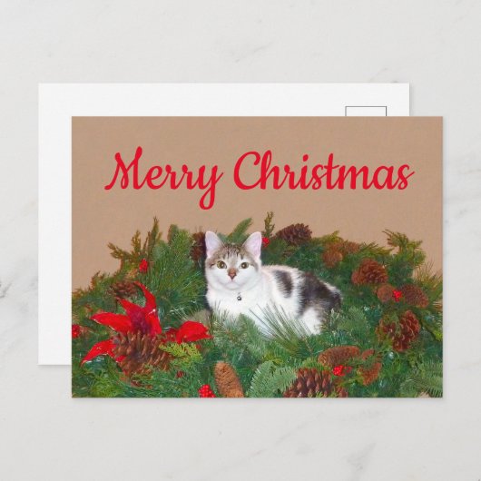 Kat in krans Kerst Kaart (Voorkant / Achterkant)