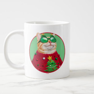 Kat in lelijke kersttrui grote koffiekop