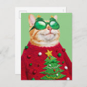 Kat in lelijke kersttrui uitnodiging briefkaart (Voorkant / Achterkant)