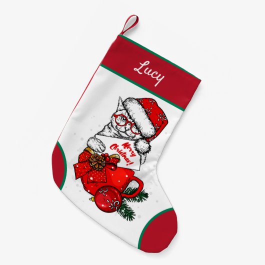 Kat in mok, klein kerstfeest kleine kerstsok (Voorkant (Hangend))