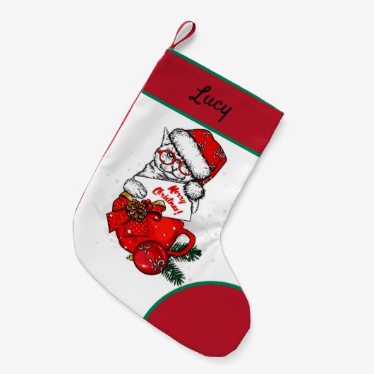 Kat in mok kleine kerstsok (Voorkant (Hangend))