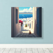 Kat in Mykonos Griekenland Cycladen Reizen Canvas Afdruk (Insitu (Houten vloer))
