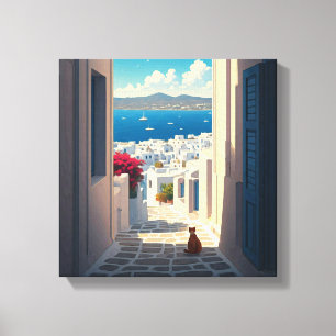 Kat in Mykonos Griekenland Cycladen Reizen Canvas Afdruk