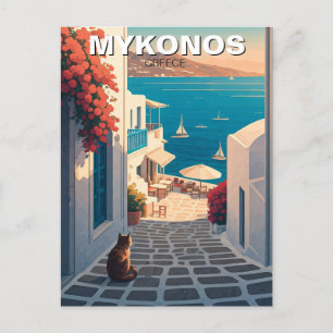 Kat in Mykonos Griekenland Cycladen Reizen Zonsond Briefkaart