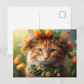 Kat in Oranje bloemen Briefkaart (Voorkant / Achterkant)