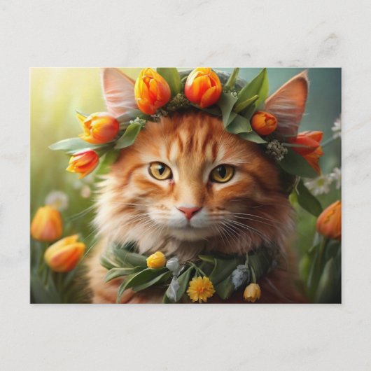 Kat in Oranje bloemen Briefkaart (Voorkant)