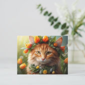 Kat in Oranje bloemen Briefkaart (Staand voorkant)