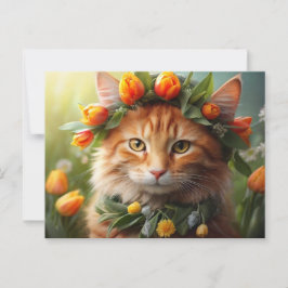 Kat in Oranje bloemen Briefkaart