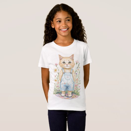 Kat in Overalls in Wildflowers T-shirt (Voorkant volledig)