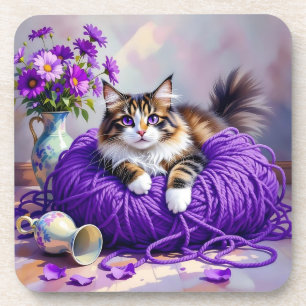 Kat in paarse garen en bloemen bier onderzetter