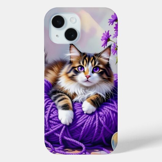 Kat in paarse garen en bloemen Case-Mate iPhone case (Achterkant)