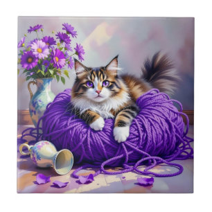 Kat in paarse garen en bloemen tegeltje