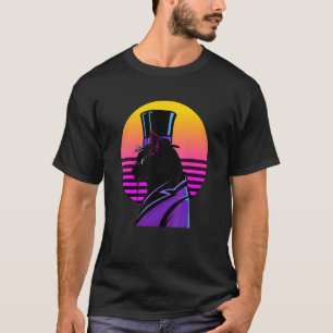 Kat in paarse smoking hoge hoed en oogglas in zon t-shirt