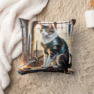 Kat in pantser omringd door zwaarden bij zonsopgan kussen