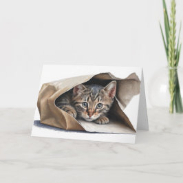 Kat in papiertas, geboortedag kaart