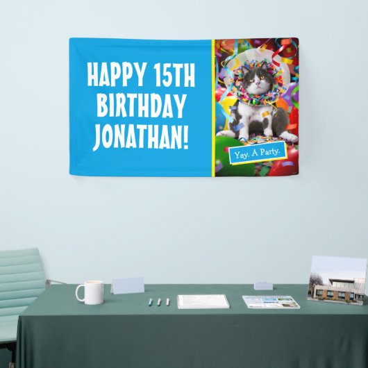 Kat in partijkloon spandoek (Beurs)