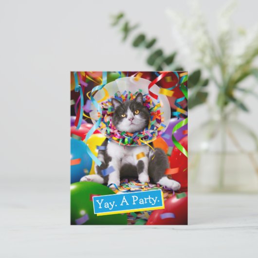 Kat in partijkloon uitnodiging briefkaart (Staand voorkant)