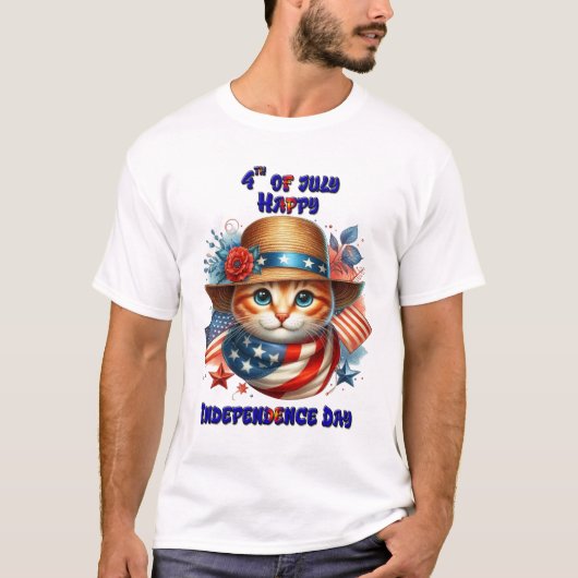 Kat in patriottisch pet en sjaal Independence Day T-shirt (Voorkant)