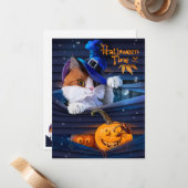 Kat in pet van tovenaar en halloween pompoen notitiekaartje (Voorkant / Achterkant in situ)