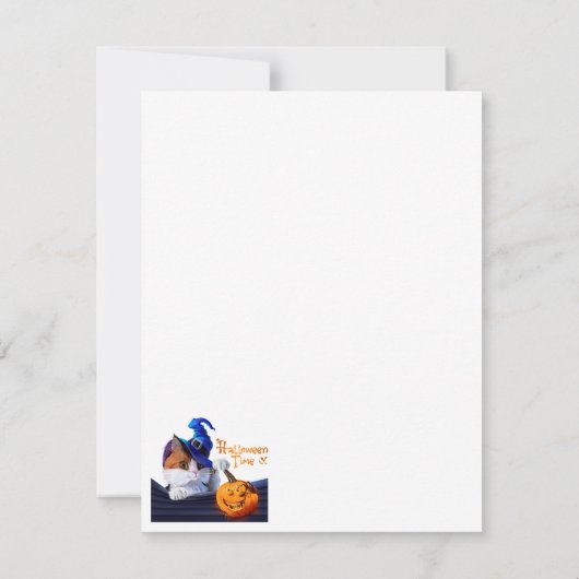 Kat in pet van tovenaar en halloween pompoen notitiekaartje (Achterkant)
