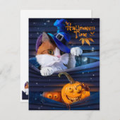 Kat in pet van tovenaar en halloween pompoen notitiekaartje (Voorkant / Achterkant)